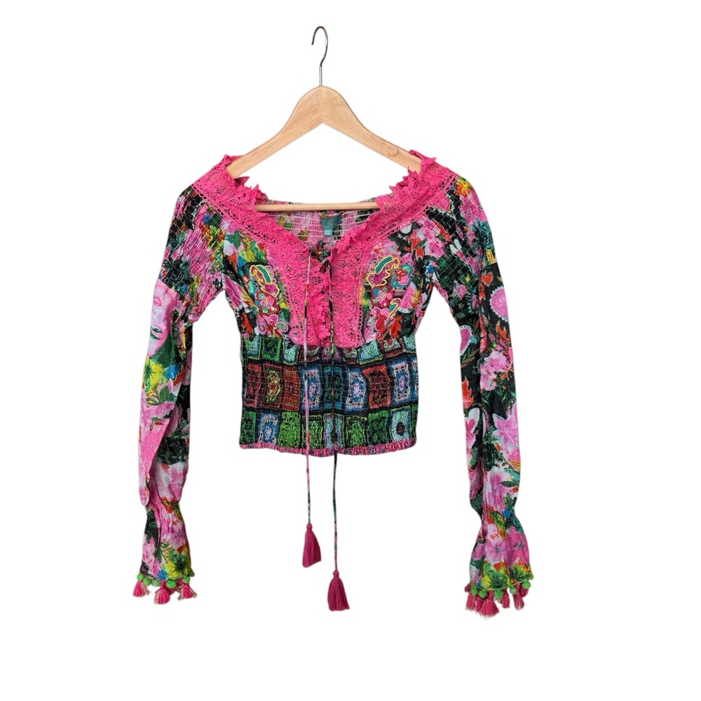 NWT Antica Sartoria 2022 Frida Frida Khalo Top Smocked Beads Tassel Tie One Size